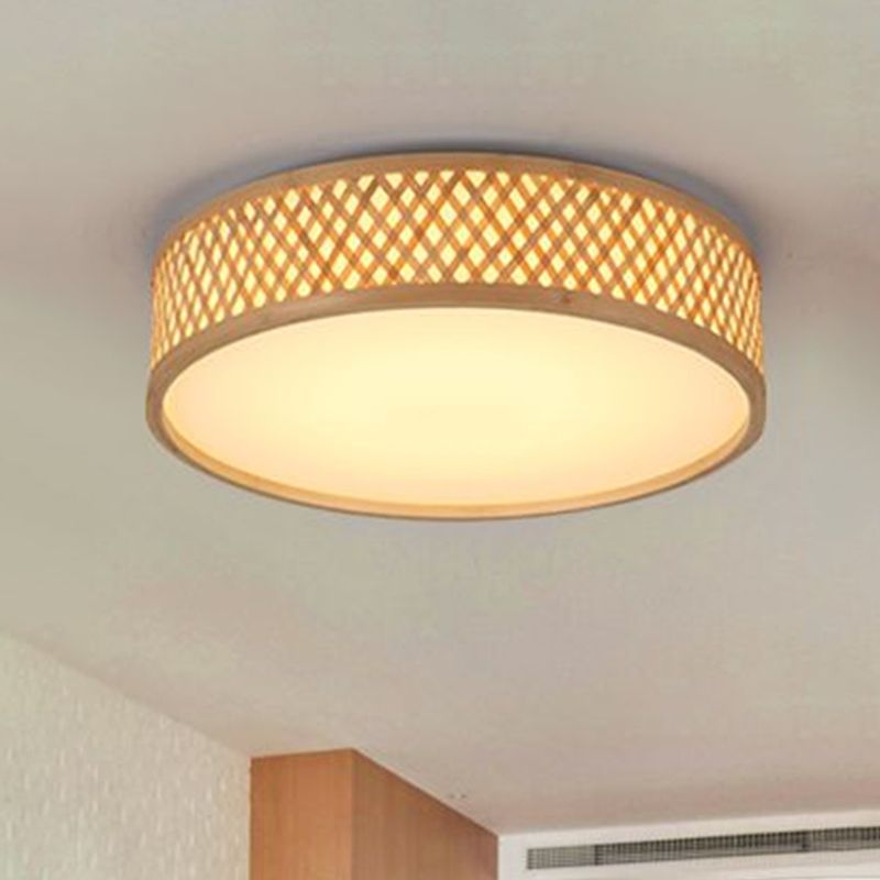 Asian Stylish Cross Woven Flushmount Light with Drum Shade Bamboo 10"/14" W LED Indoor Ceiling Lamp in Beige, Warm/White Light
