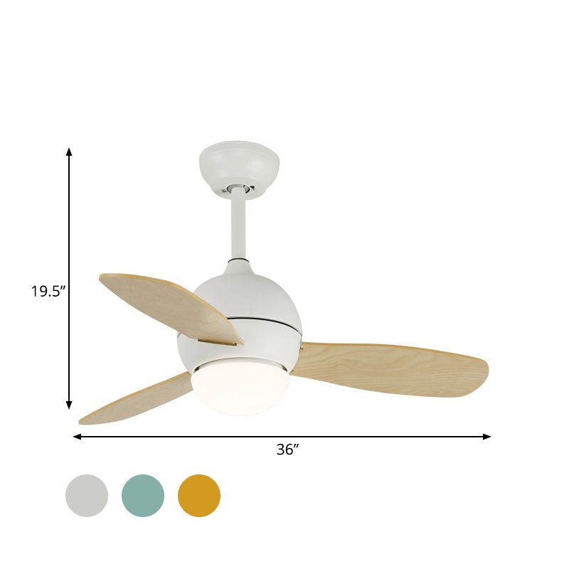 Dome Kids Bedroom Pendant Fan Lamp Metal 36" W LED Modern Semi Flush Ceiling Light in White/Yellow/Blue with Wall/Remote Control, 3 Wood Blades