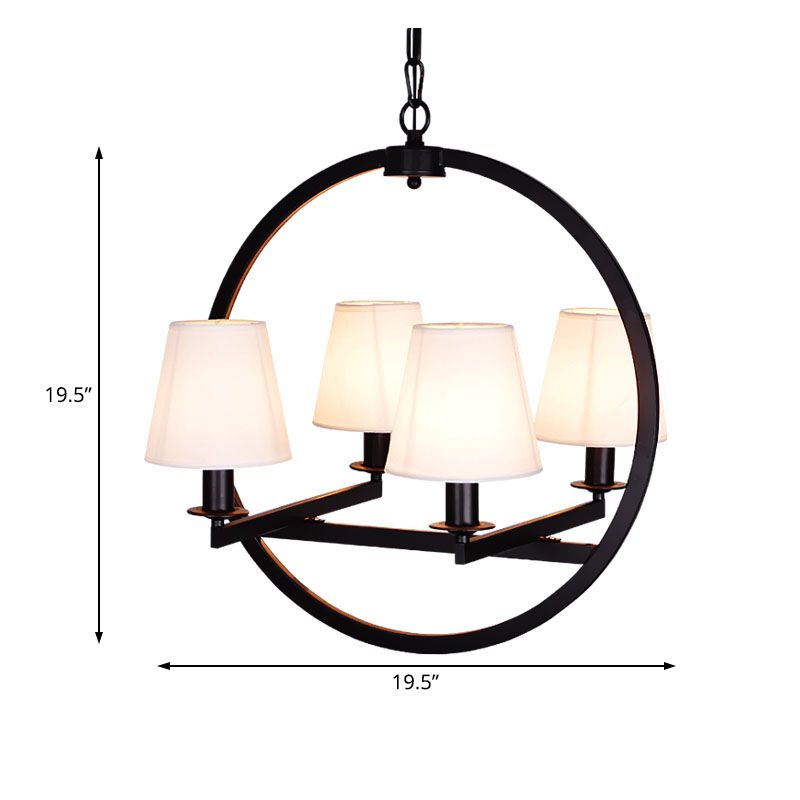 4 Lights Fabric Chandelier Light Traditional White/Flaxen Cone Dining Room Hanging Light with Black Ring Frame