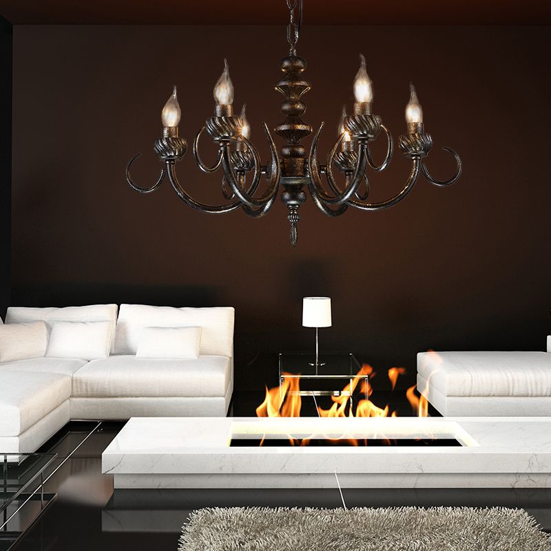 6 Lights Branch Chandelier Lighting Rustic Antique Black Metal Pendant Light Fixture for Living Room