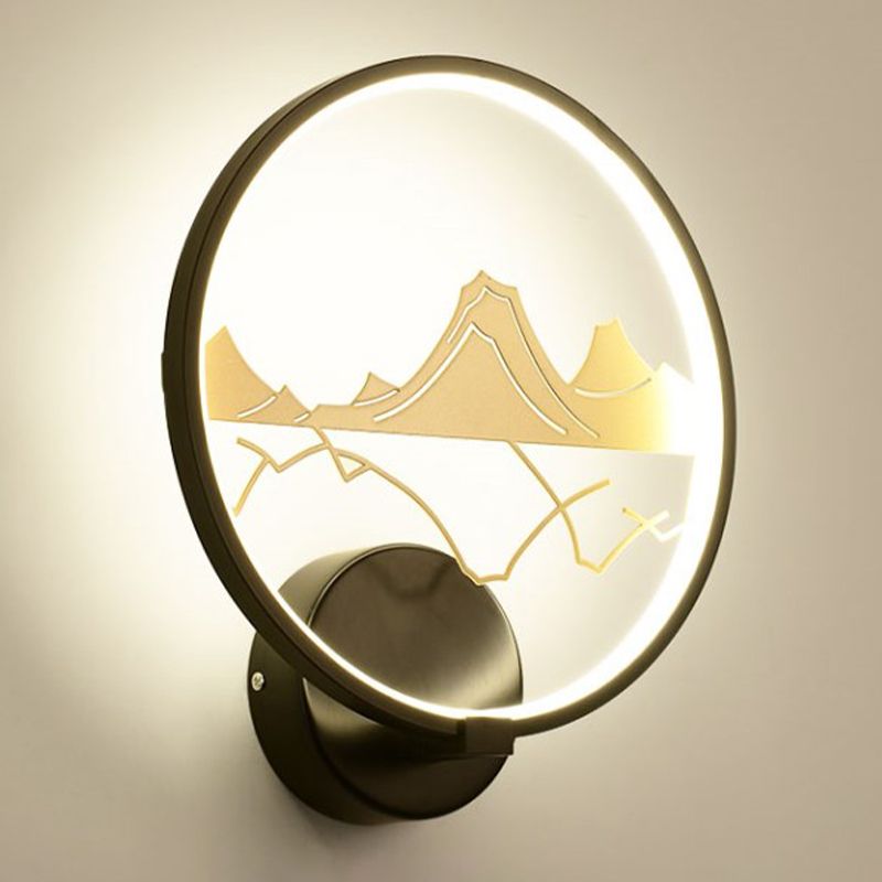 Black Circular Wall Mounted Light Fixture Asia Style LED Acrylic Wall Mural Lamp with Mountain Pattern