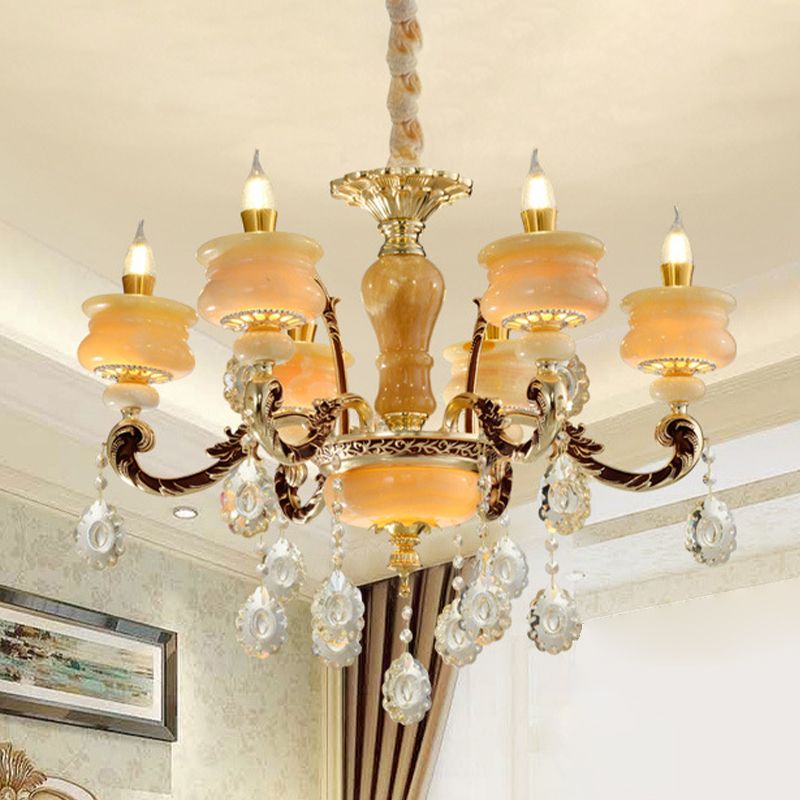 Gold Candlestick Hanging Chandelier Vintage Jade 6/8 Bulbs Bedroom Pendant Light with Crystal Drop