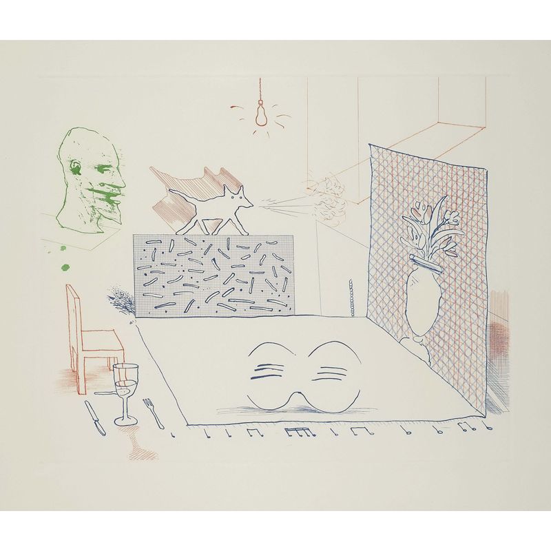 Large Sketch Wall Murals for Bedroom Hockney Artwork Wall Covering in Red-Blue-Green, Washable