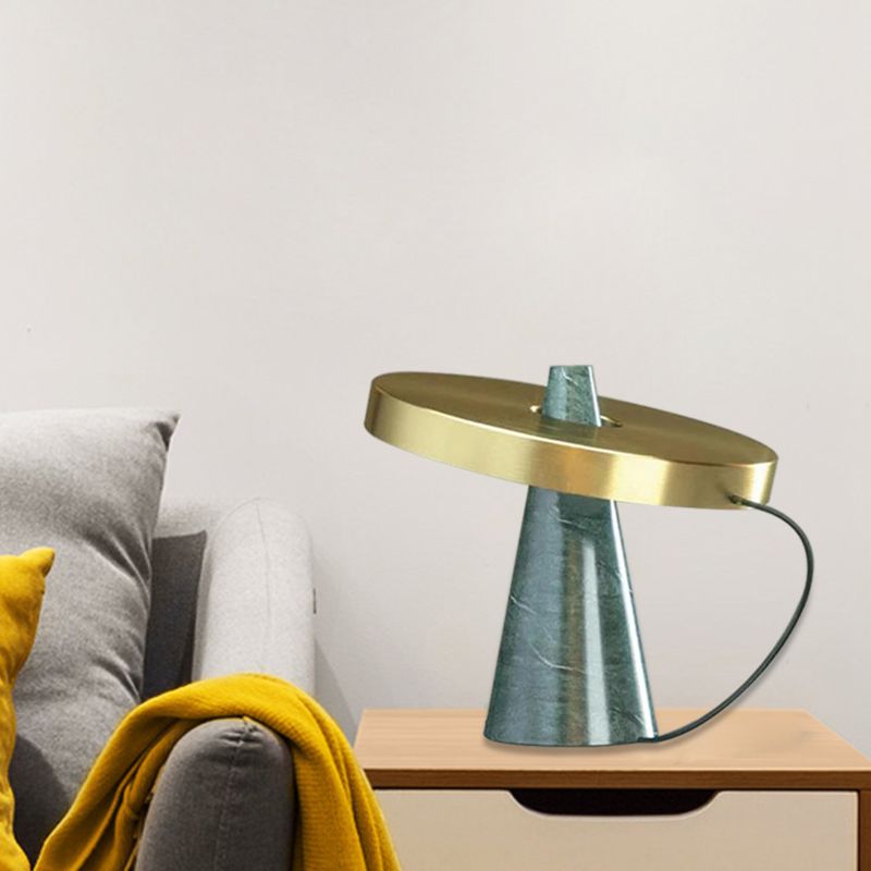 Metallic Round Panel Table Light Modern 1 Head Gold Finish Desk Lamp with Cone Aqua Marble Base