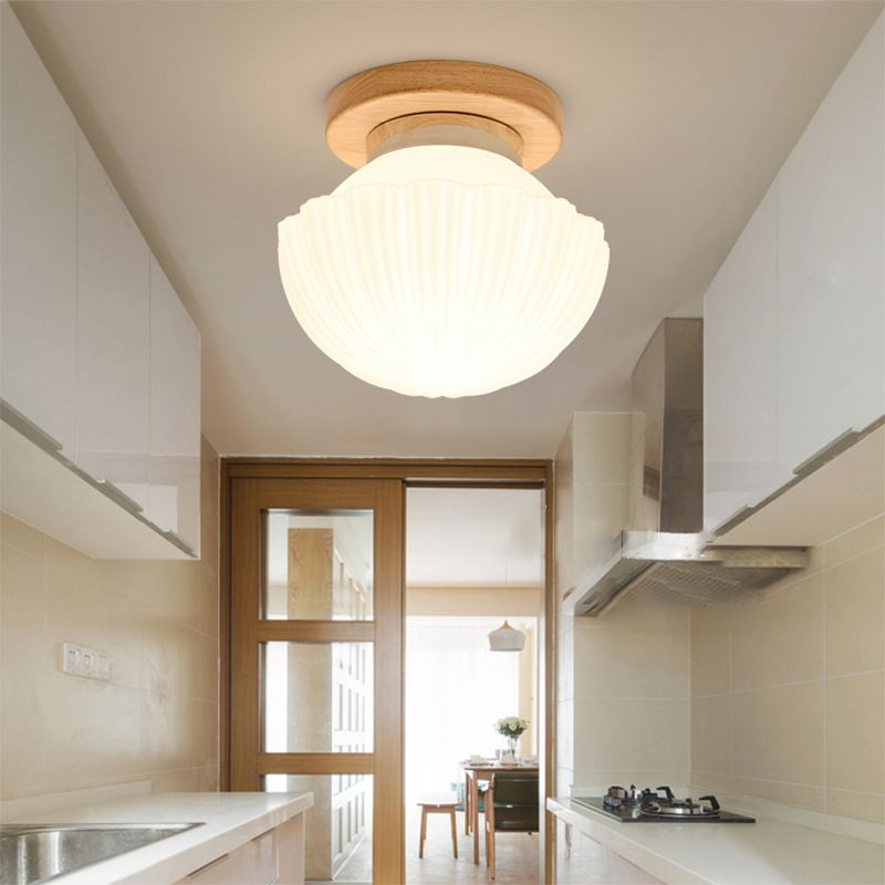 Shaded Entryway Flush Mount Lighting White Glass Nordic LED Flush Ceiling Light Fixture with Wooden Canopy
