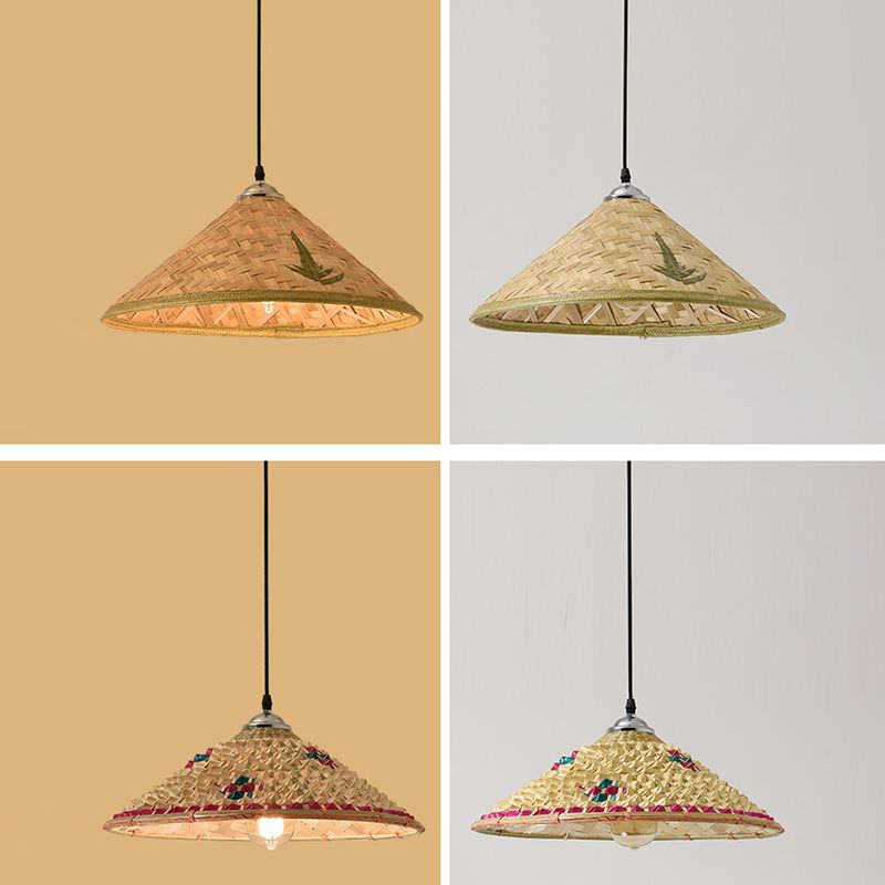 Straw Hat Suspension Lighting Asian Bamboo 1 Bulb Beige Ceiling Pendant for Restaurant