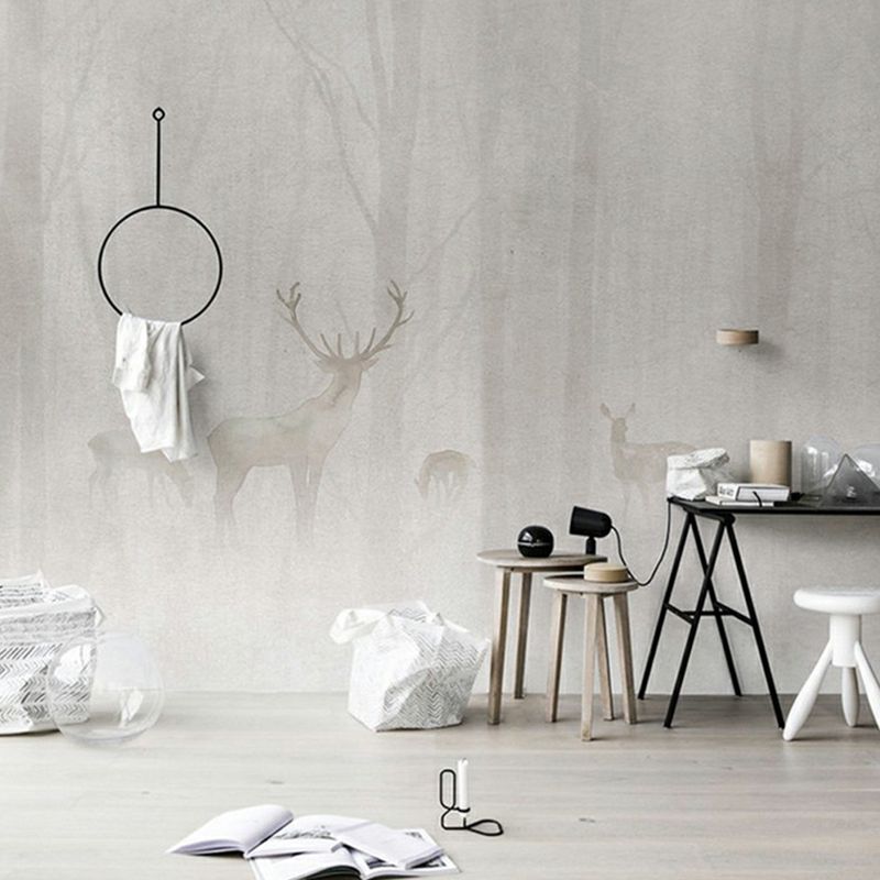 Whole Animal Mural for Bathroom Foggy Forest Deer Patterned Wall Art in Grey, Moisture Resistant