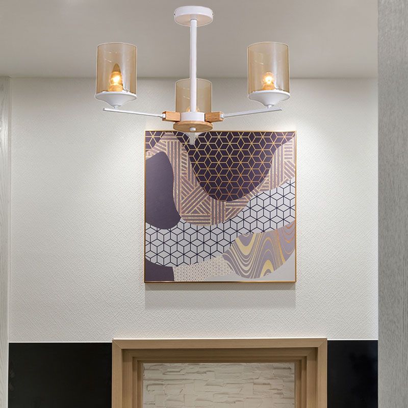 Cognac Cylinder Shade Chandelier Lighting 3/6 Heads Contemporary Wood Hanging Light for Living Room