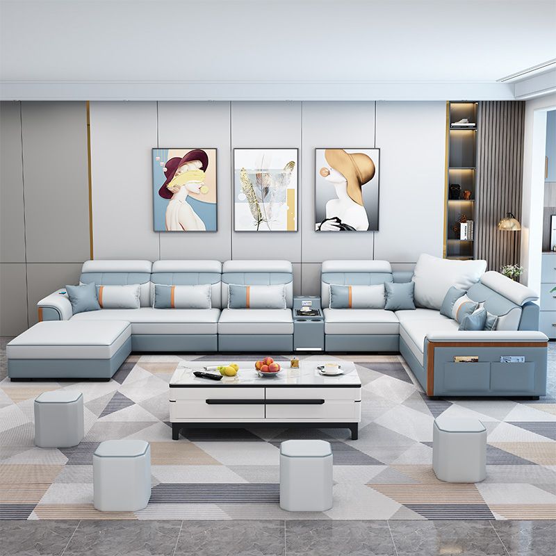 Modern Contemporary Pillow Top Arm Sectional, Faux Leather Sectional Sofa