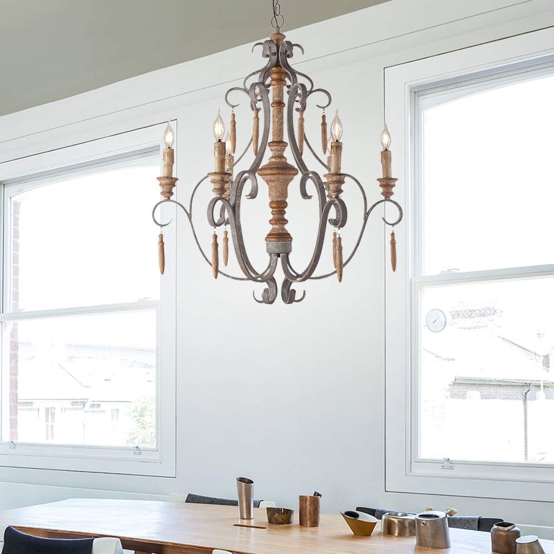 Rustic Jar Hanging Chandelier Metal 6 Bulbs Suspension Light in Grey for Dining Room