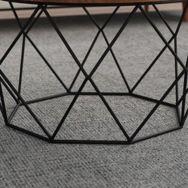Contemporary Wooden Top Round Coffee Table with Black Metal Frame Base