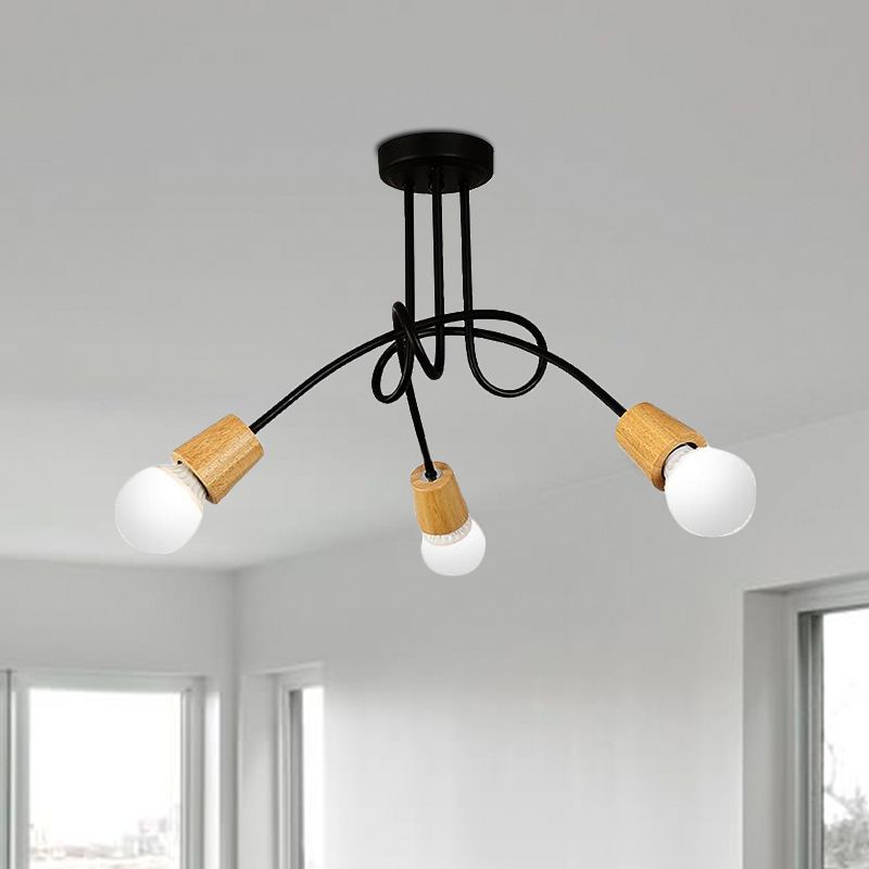 Metal Open Bulb Ceiling Light Fixture with Twisted Arm Loft Style 3/5 Lights Kitchen Semi Flush Pendentif Light in Wood
