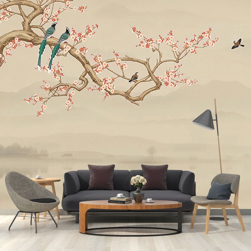 Waterproofing Bird and Blossoms Mural Wallpaper Traditional Wall Covering for Living Room