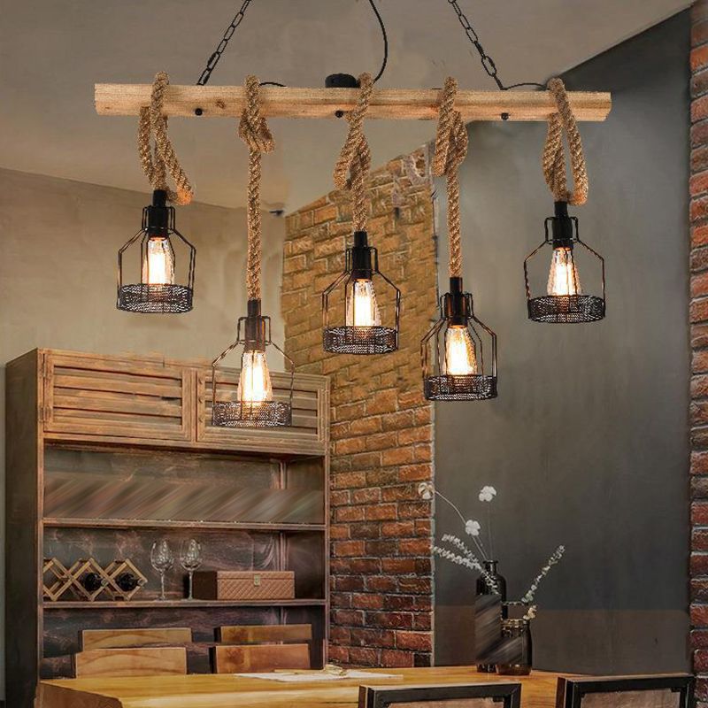 Linear Island Lighting Retro Style Wood Chandelier Lights for Bar
