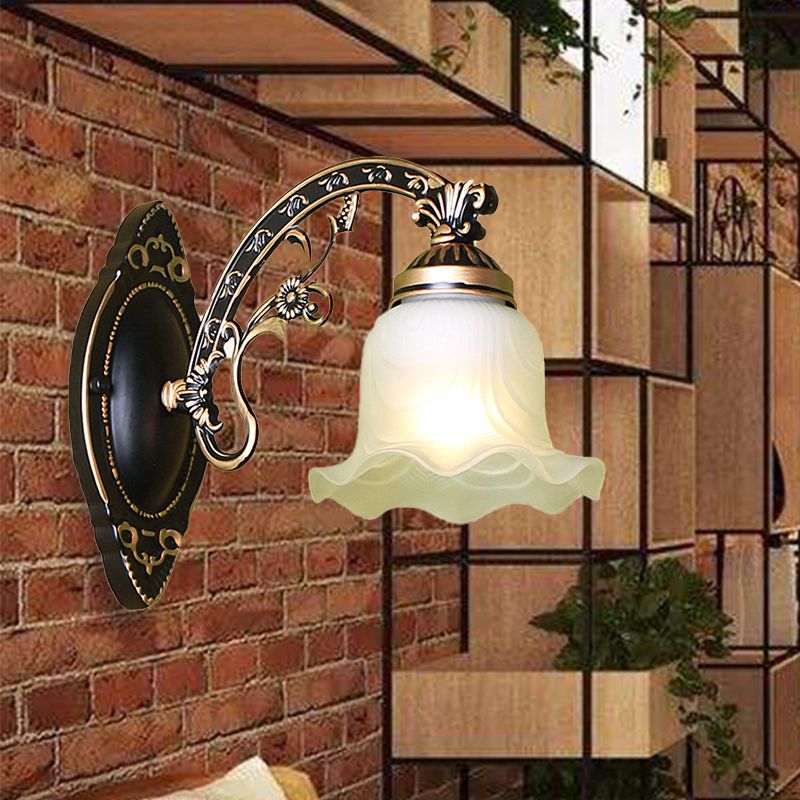 Black/White Blossom Wall Sconce Lighting Traditional Metal 1/2-Light Living Room Sconce Light with Frosted Glass Shade