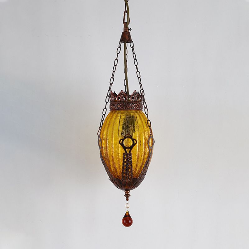 Moroccan Oval Pendant Light Fixture 1 Light Red/Yellow/Blue Textured Glass Suspension Lamp for Dining Room