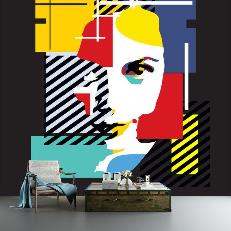 Woman Portrait Mural Wallpaper Red-Yellow-Blue Artistic Wall Covering for Bedroom
