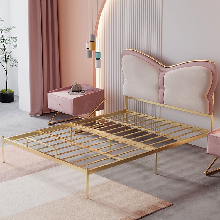 Low Profile Standard Bed Gold Metal Bed Frame with Upholstered Headboard