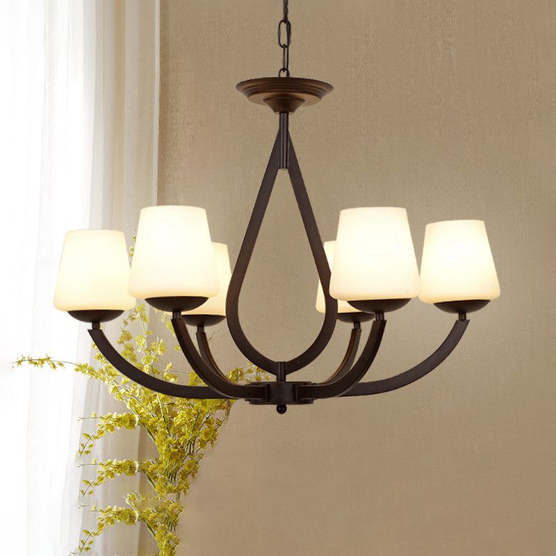Metal Black Finish Chandelier Swoop Arm Vintage Pendant Light with Conical Milk Glass Shade
