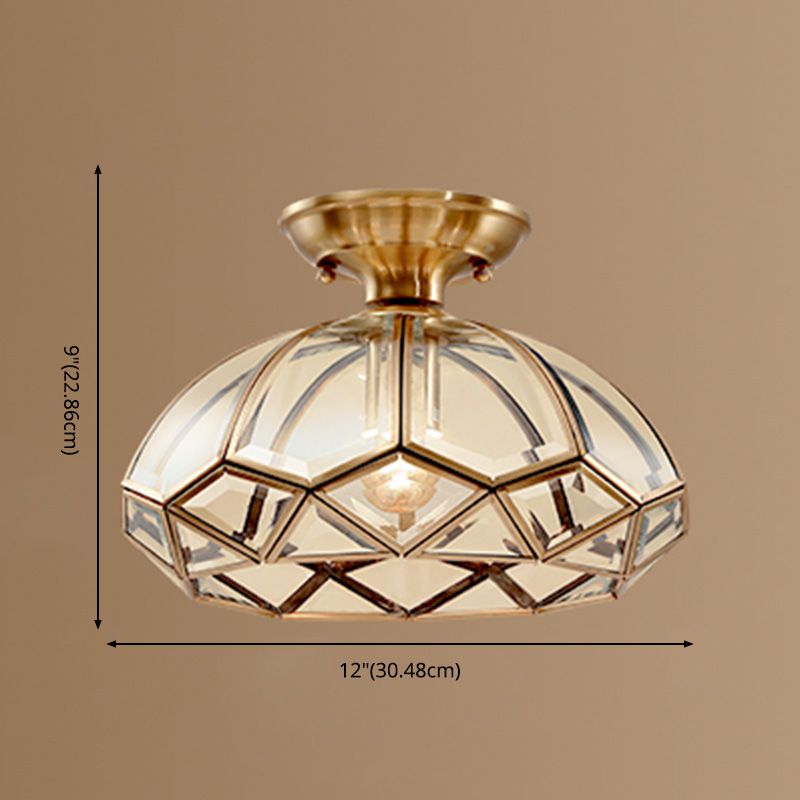 Ceiling Mounted Fixture Classic Style Shaded Glass Close to Ceiling Lighting Fixture in Brass