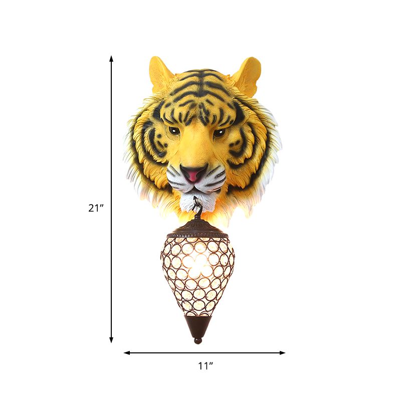 Yellow/Gray Tiger Sconce Lighting Country Style Resin 1 Bulb Wall Lamp with Clear Crystal Shade for Children Room