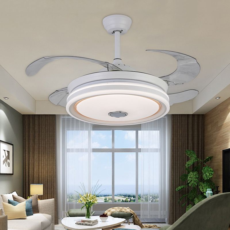 Cirkel metalen plafondventilator Licht Moderne LED 42 "brede woonkamer Semi -spoelmontage Verlichting in het wit met 4 messen, op afstand/muurregeling/afstandsbediening en muurregeling