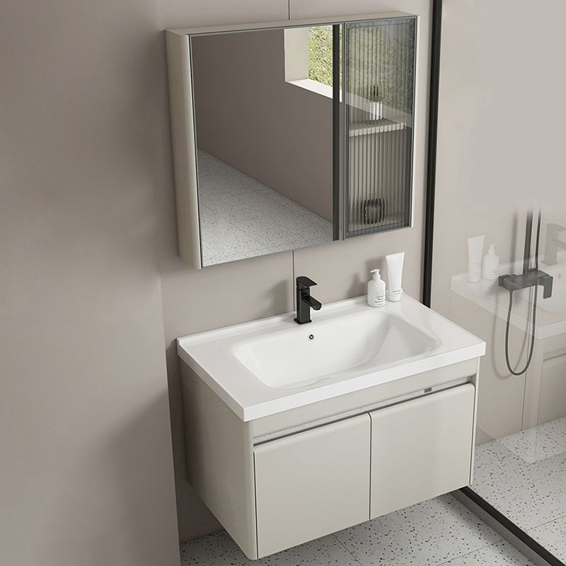 Modern Metal Sink Vanity Wall Mount Khaki Tone Bathroom Vanity with Mirror Cabinet