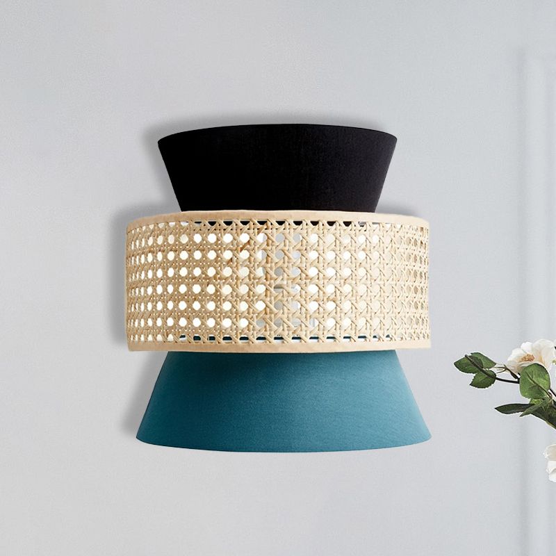 Fabric Dual Cone Wall Lamp Minimalism 1 Head Black and Blue Sconce Lighting with Rattan Design