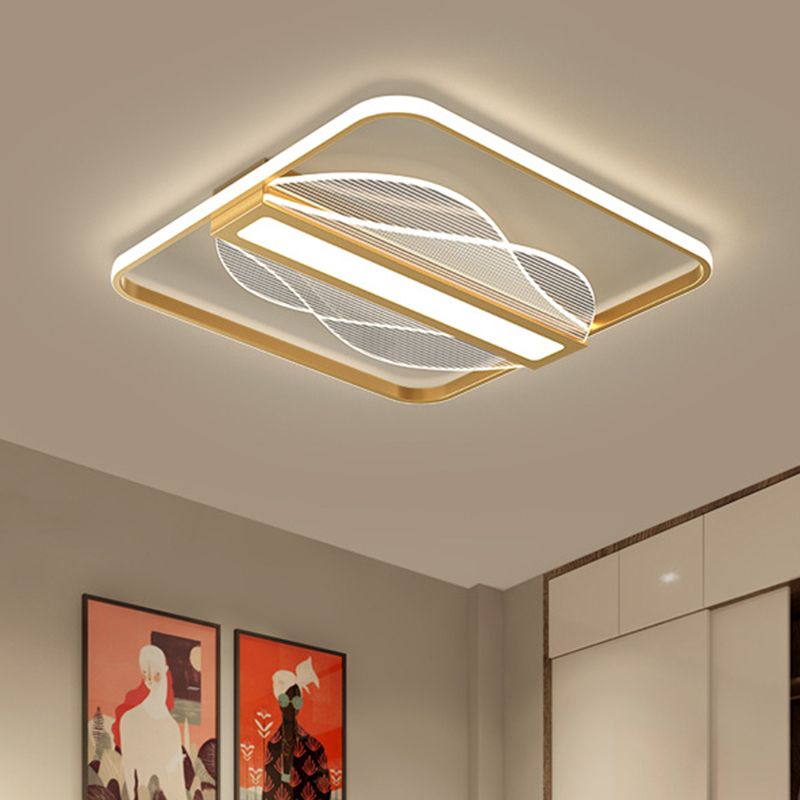 Simplicity LED Flush Mount Gold Squared Bar Decor Ceiling Lighting with Metallic Shade in Warm/White Light, 18"/21.5" Wide
