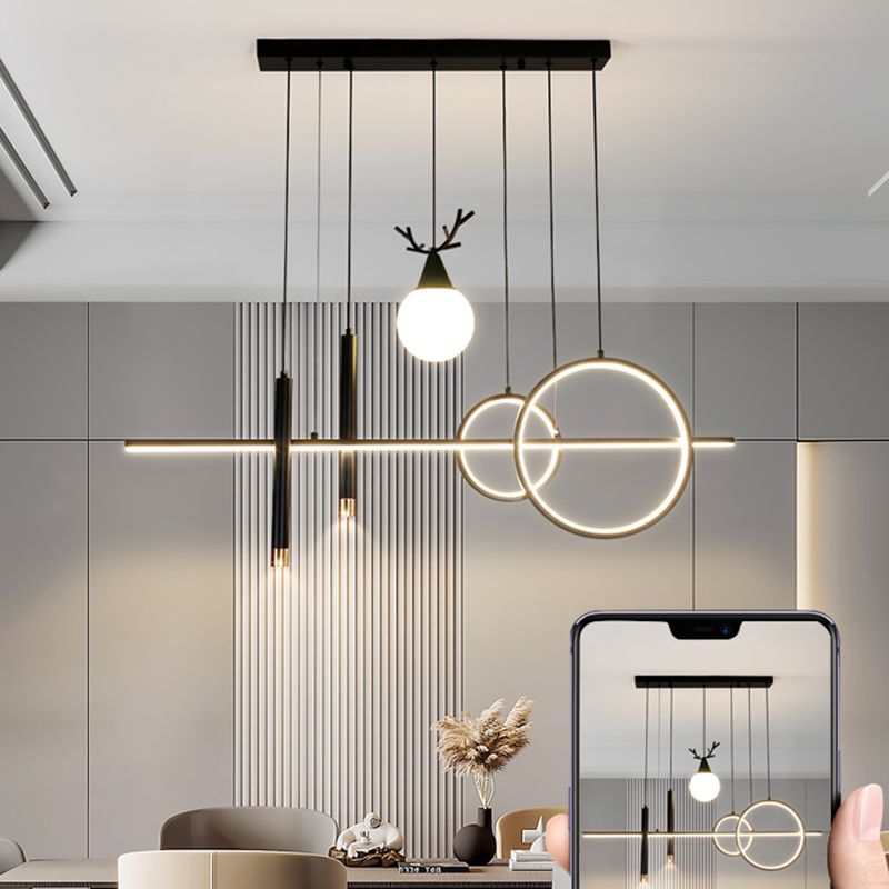 Black Geometric Island Lighting Simple Style Metal LED Pendant Light for Dining Room