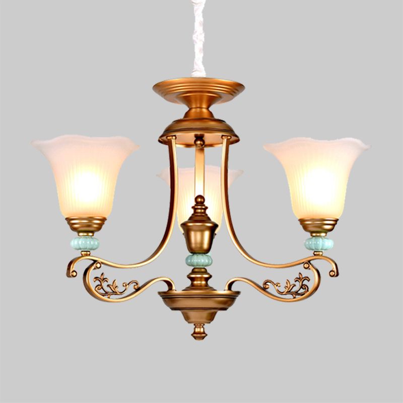 3/6/8-Head Bloom Ceiling Chandelier Rustic Style Gold Milky Glass Suspended Lighting Pendant with Curvy Arm