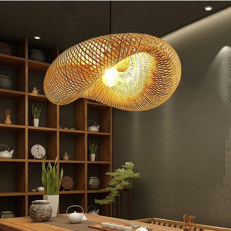 Japanese Style Bamboo Chandelier 1 Light Hanging Pendant Lights Hat Shape Handmade Cardboard Shade Kitchen Lamp