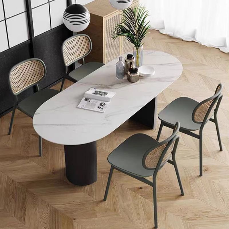 Oval gesinterde stenen eettafel moderne tafel in wit met metalen dubbele voetstuk voor restaurant