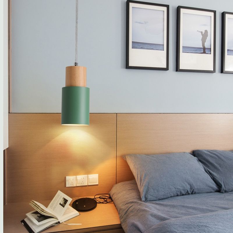 Wooden Cylindrical Single Pendant Light in Modern Concise Style Aluminium Macaron Hanging Lamp