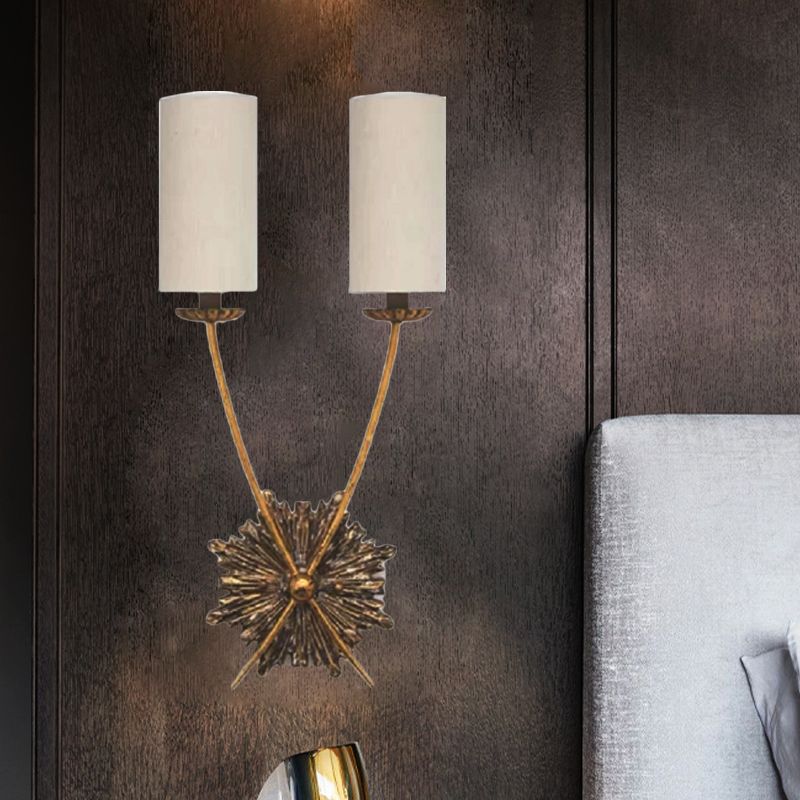Traditional Tube Vanity Lighting Idea 2 Lights Fabric Sconce Light Fixture in White for Bathroom