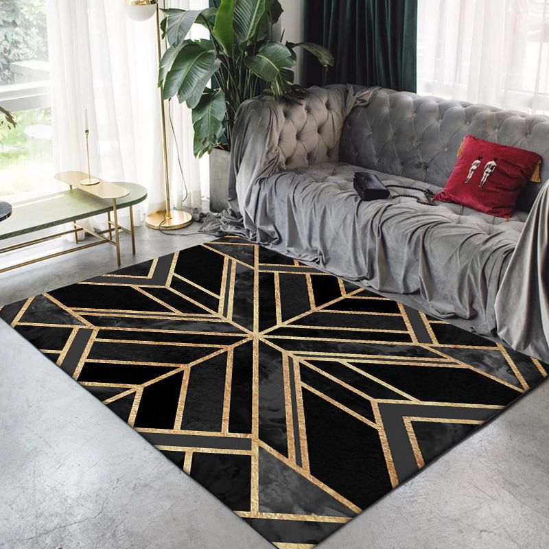 Contemporary Modern Rug in Black Geometry Quadrilateral Pattern Rug Polyester Washable Carpet for Home Decoration