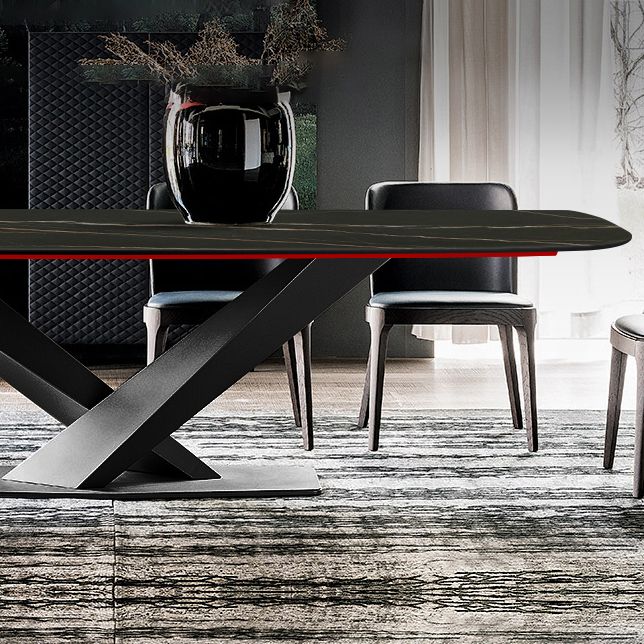 Sintered Stone Rectangle Dining Table Industrial Black Kitchen Table with Pedestal Base