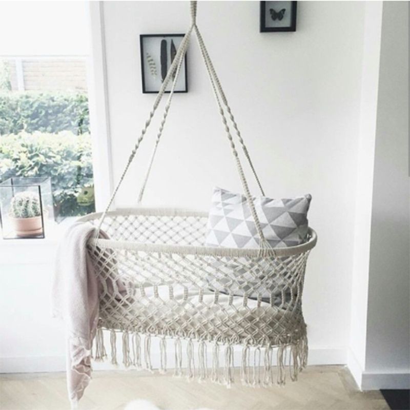 Traditional Manual Rocking Solid Wood Oval Crib Cradle with Rope