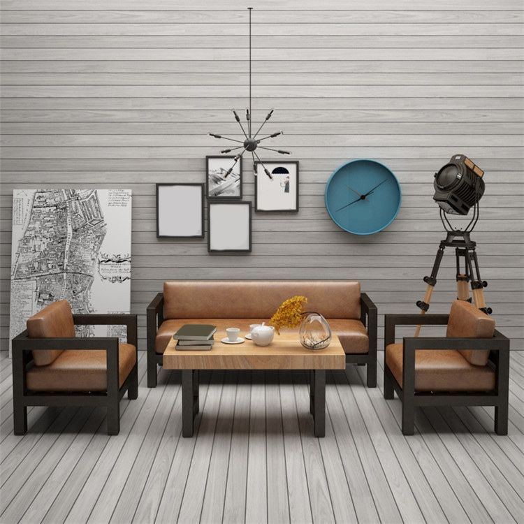 Contemporary Brown Leather Sofa with Black Square in Iron for Apartment