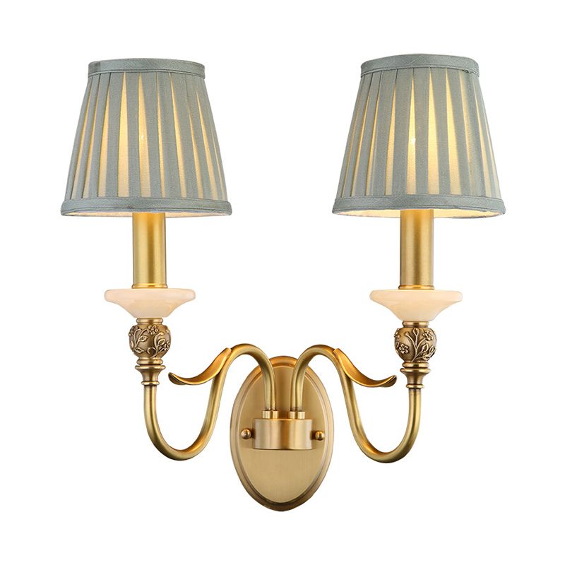 2 Heads Tapered Wall Lighting Ideas Retro Brass Finish Fabric Wall Light Sconce for Living Room