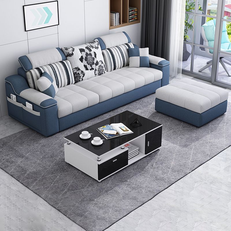 Pillow Top Linen Sofa & Chaise 31.5" H Loose Back Sofa in Grey and Blue