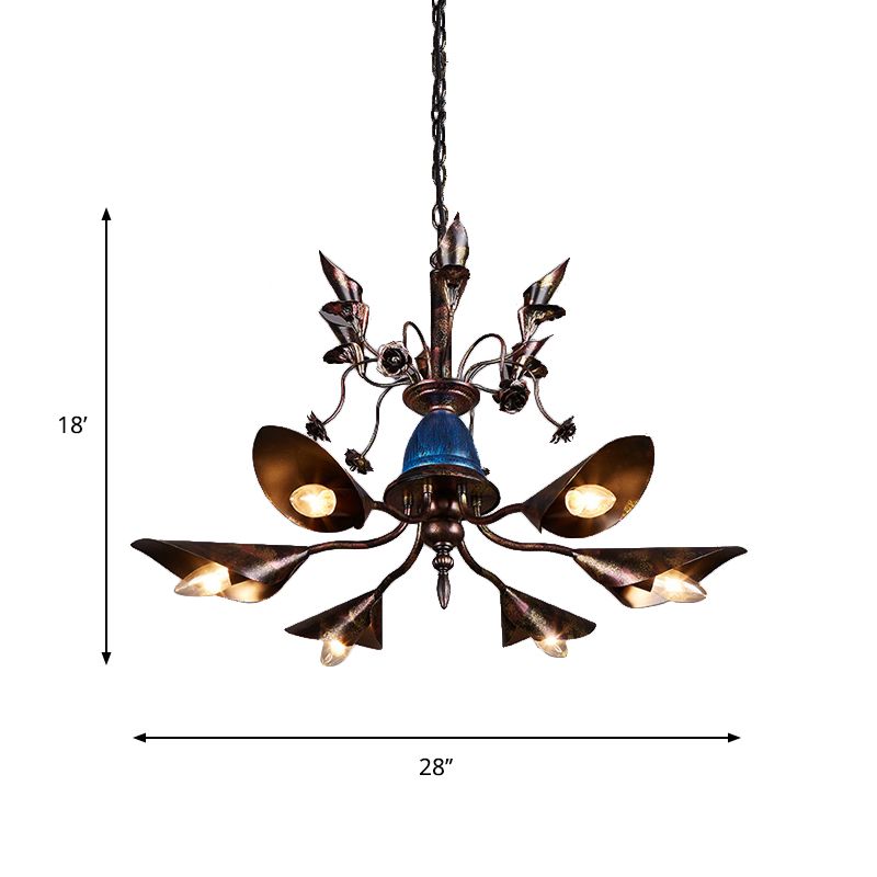 Villa Horn Shade Chandelier Metallic 6 Bulbs Classic Style Pendant Light in Rust