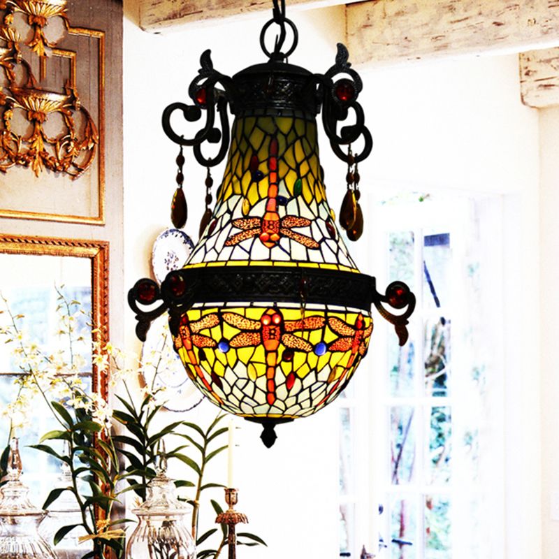 Gebrandschilderd glas Dragonfly Hanglamp Mediterraan 1 Lichtrode ophanging Verlichting
