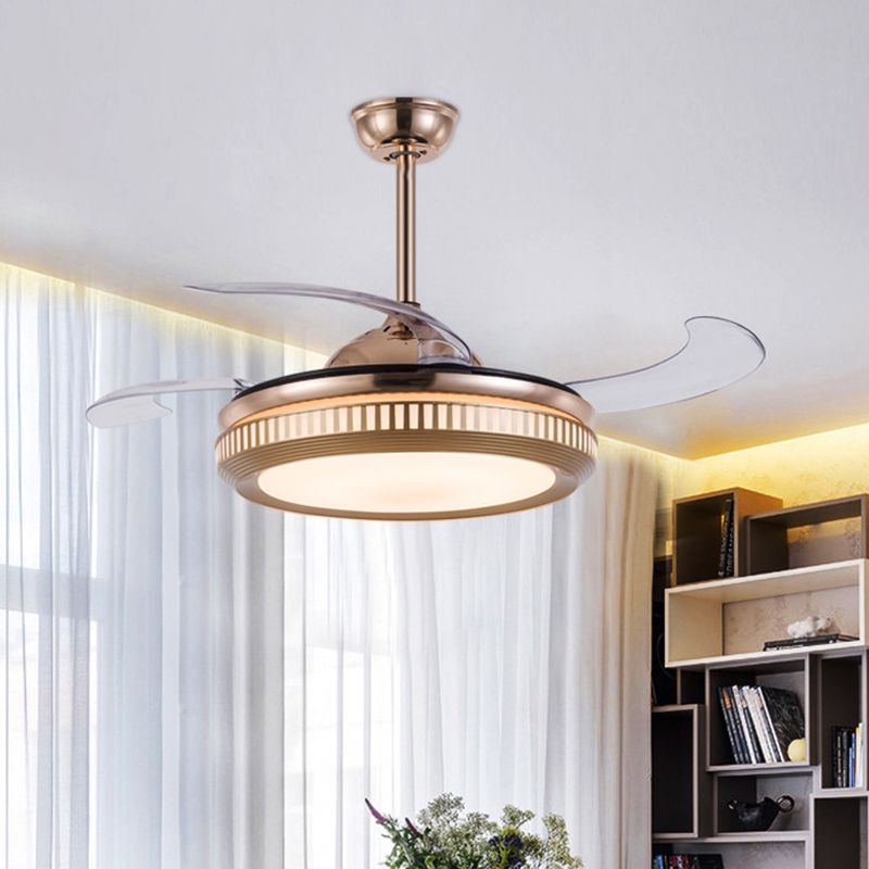 Acryl -trommelhangende ventilatorlicht eigentijds 19 "brede LED Gold Semi Flush Mount Lighting met 4 messen