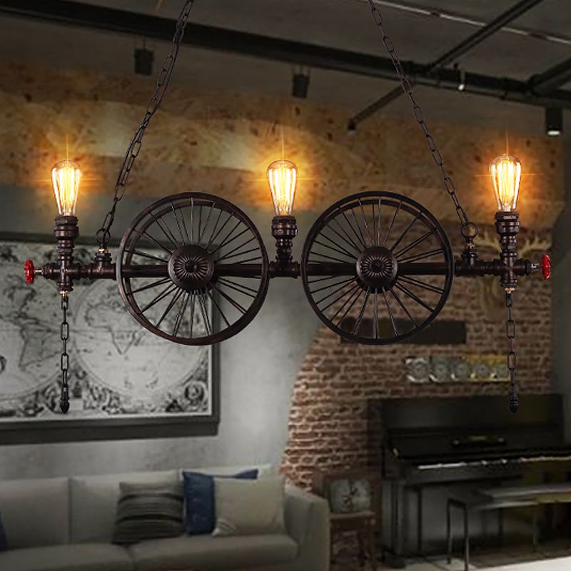 Wheel Piping Living Room Island Light Industrial Iron 2/3/4 Heads Black Hanging Light Fixture
