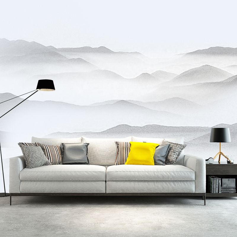 Grey Mountains Wall Mural Moisture Resistant Chinoiserie Living Room Wall Covering