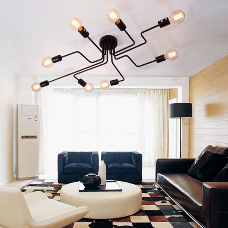 Black Sputnik Semi Flush Monte en estilo de techo de hierro forjado de estilo retro industrial para sala de estar