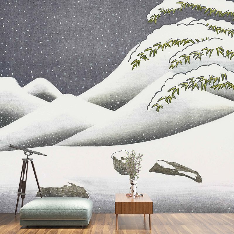 Art Snowing Mountain Landscape Murals Grey-Green Stain Resistant Wall Decor for Home