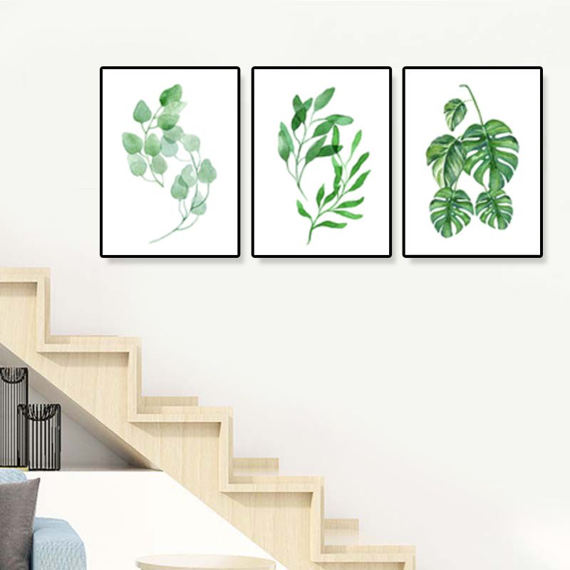 Minimalist Plant Leaves Canvas Art Green Textured Wall Decor for Room (Set of 3)