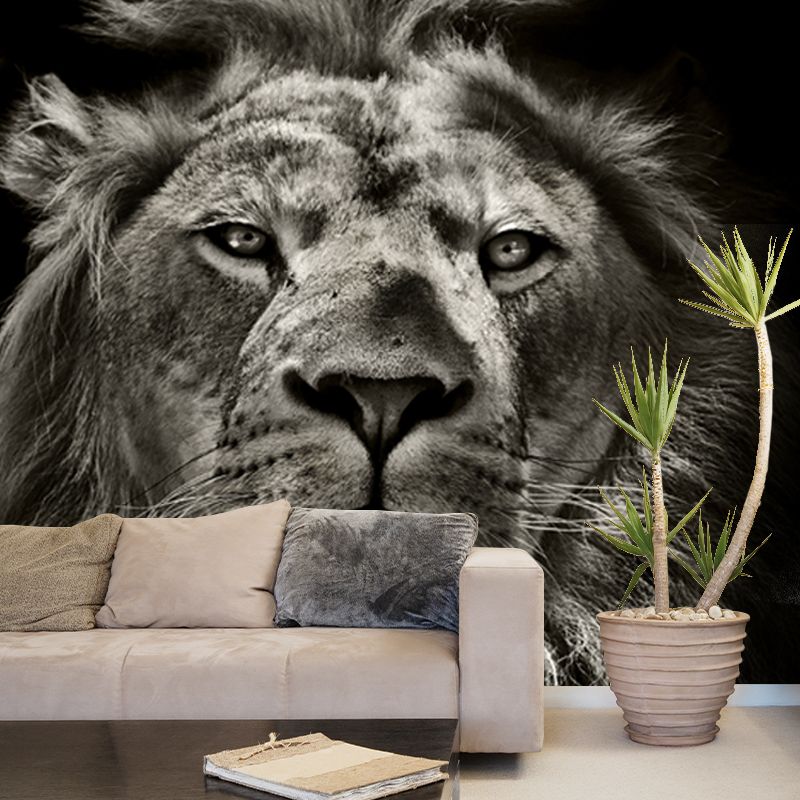 Full-Size Lion Face Mural Decal in Black Non-Woven Material Wall Covering, Washable, Custom Size